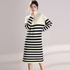 批发休闲气质立领条纹针织衫<b class='q'>连衣裙</b>2025秋冬打底宽松显瘦直筒毛衣