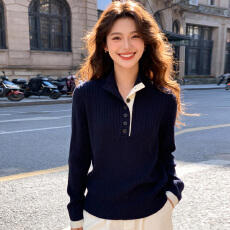 批发<b class='q'>休闲</b>半开领开扣拼接长袖针织打底衫女2025秋冬季保暖内搭毛衣