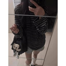 批发【官图 240克色织条】韩系慵懒松弛感黑灰色条纹长袖t恤宽松
