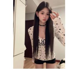 批发官图 天猫质量 满印星星修身长袖T恤女秋冬打底衫短款上衣