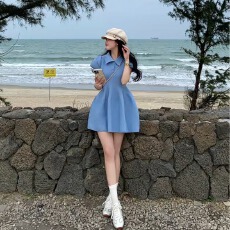 批发蓝色短袖衬衫polo连衣裙子女<b class='q'>夏</b>季2026新款小个子收腰a字蓬蓬短裙