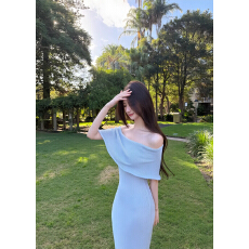 批发波纹下摆挽边露肩<b class='q'>中长款</b>针织连衣裙