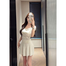 批发针织套装女春<b class='q'>夏</b>季一字肩上衣+百褶裙两件套