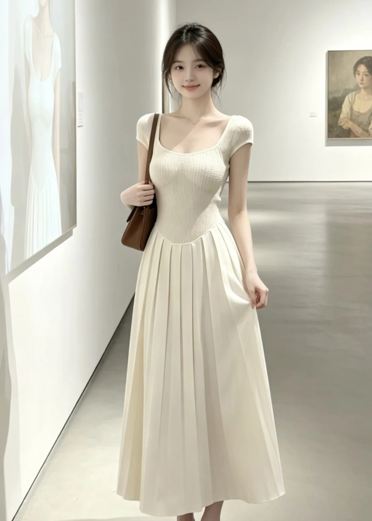 여름 새로운 니트 Pleat 턱 드레스 수공 비즈 박기 롱 스커트 여성