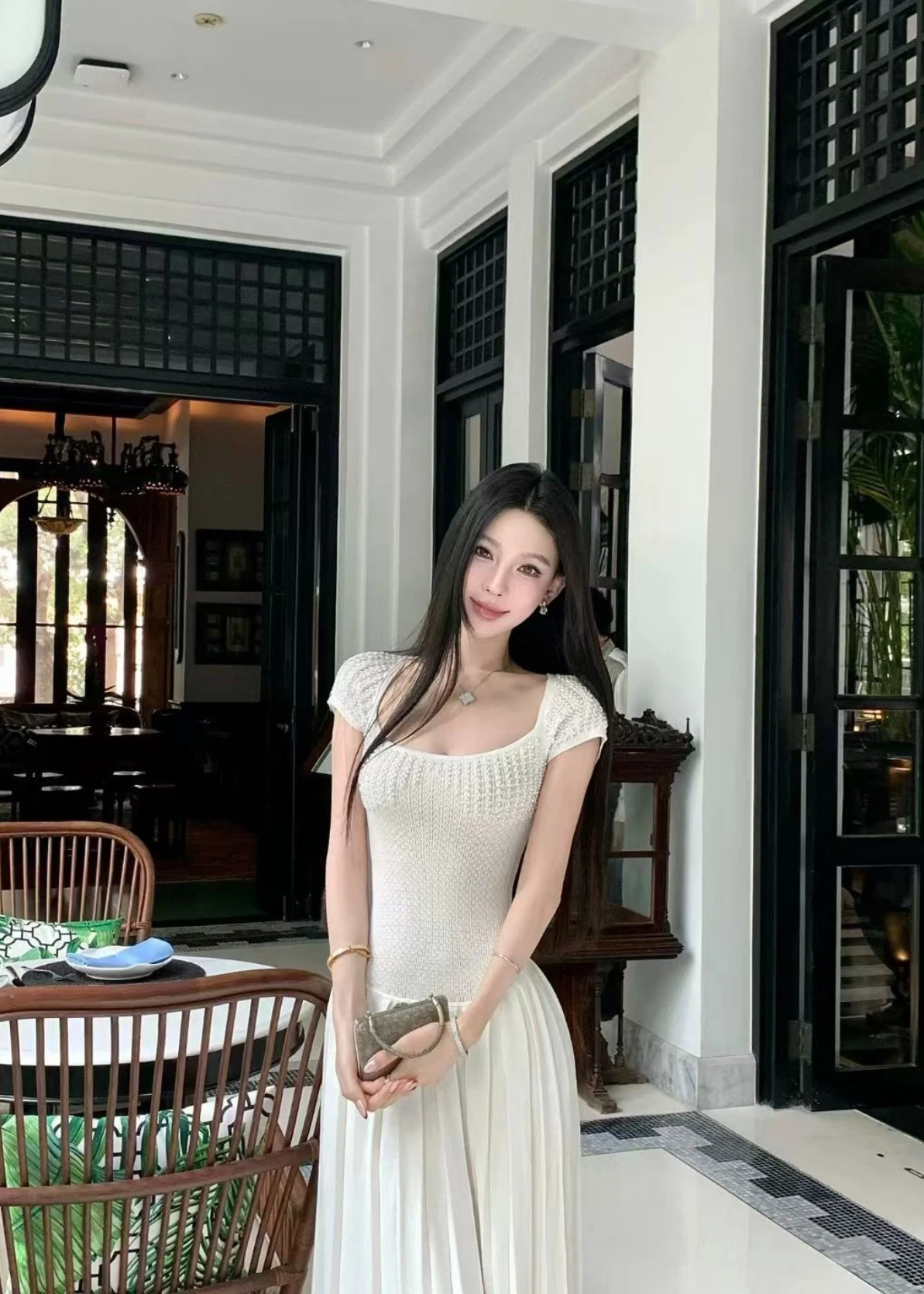프랑스식 익스트림 제인 순수한 흰색 드레스 클래식 광장 칼라 롱 스커트