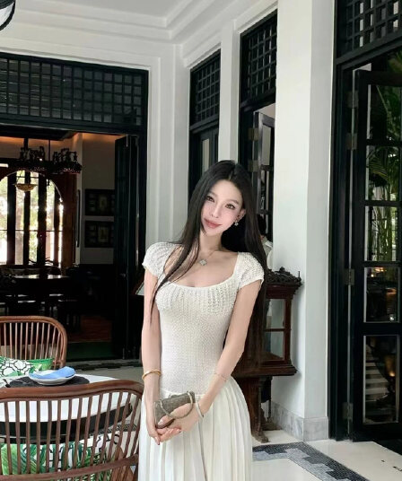 프랑스식 익스트림 제인 순수한 흰색 드레스 클래식 광장 칼라 롱 스커트