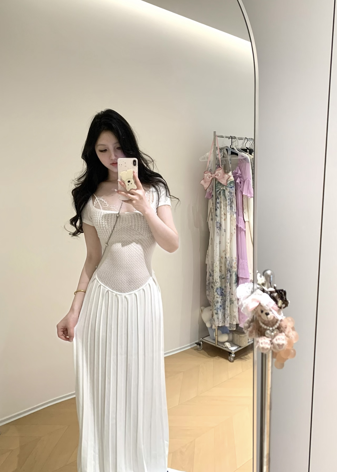 화이트 반팔 허리 수축 드레스 빛 럭셔리 우아함 예복 치마 디자인 센스 광장 칼라 니트 한 마디 롱 스커트