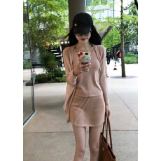 批发温柔风套装女<b class='q'>春</b>季天丝亚麻开衫背心半身裙三件套