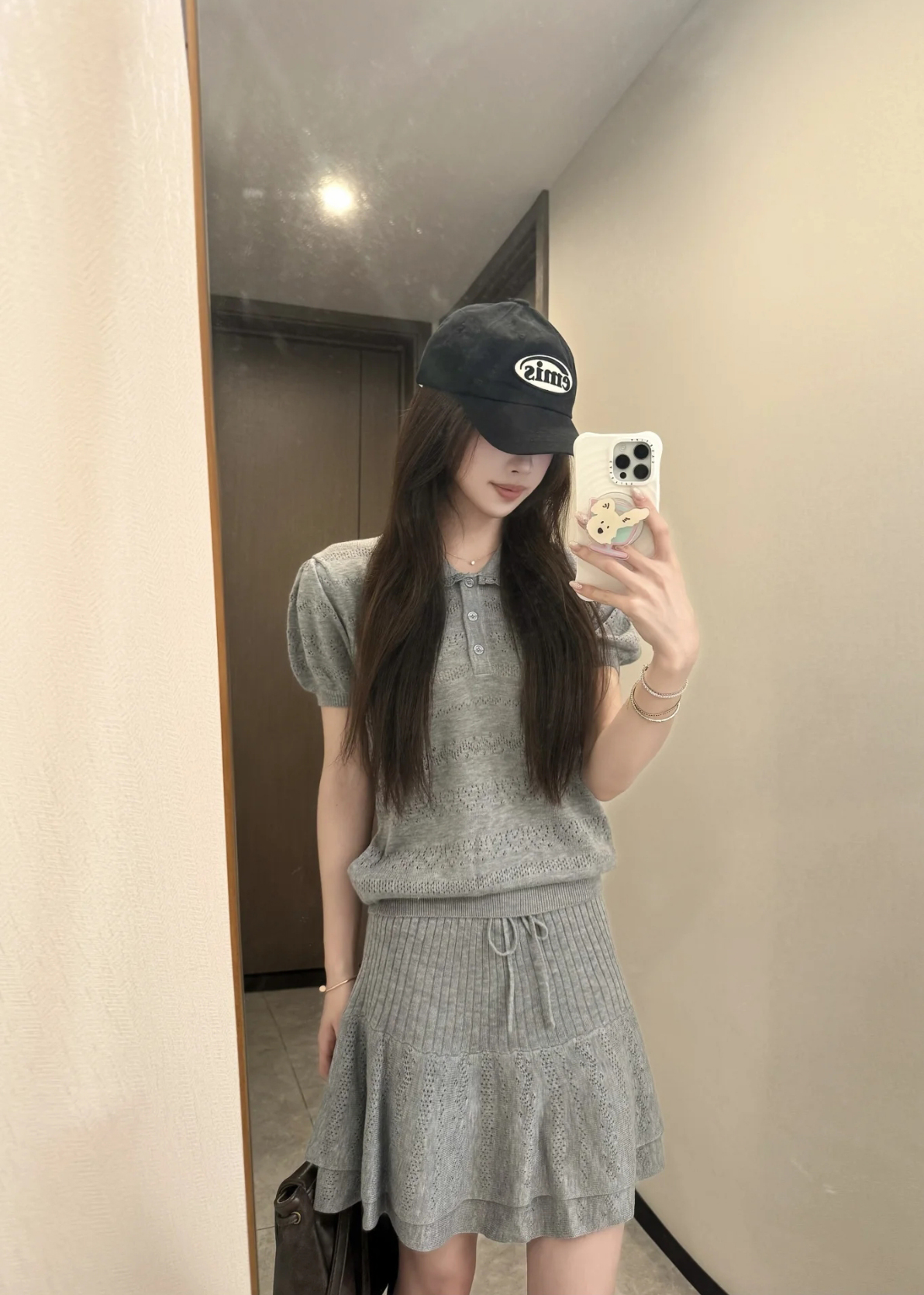 한 부서 니트 세트 베이비 칼라 반팔 맨위 이중층 반신 스커트