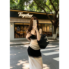 批发夏季多巴胺撞色条纹无袖套装裙时尚精致吊带背心修身曲线包臀长裙