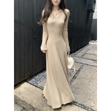 批发ICELOLLY巨好看收腰长袖针织打底连衣裙女2026秋季穿搭内搭长裙子