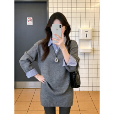 批发实拍<b class='q'>通勤</b>简约设计感拼接针织毛衣+高腰包臀半身裙套装