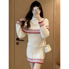 批发实拍2025冬季费尔岛提花圣诞套装针织时尚三件套