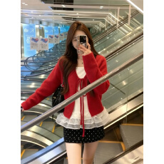 批发实拍韩系氛围感红色<b class='q'>毛衣</b>针织开衫内搭<b class='q'>荷叶边</b>吊带两件套装女