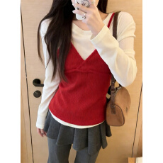 批发实拍韩系叠穿丝绒长袖<b class='q'>打底</b>+<b class='q'>吊带</b>两件套女显瘦撞色内搭上衣