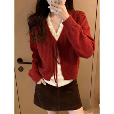 批发2026早春新款拼接木耳边女装假两件毛衣针织衫系带慵懒风秋冬上衣