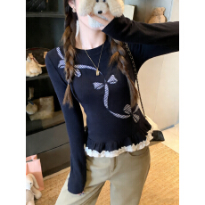 批发实拍 韩系宝蓝色芭蕾风长袖t恤女秋冬打底内搭短款修身上衣