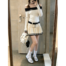 批发实拍小香风精致<b class='q'>高端</b>新款撞色绝美显瘦收腰一字肩针织长袖<b class='q'>连衣裙</b>