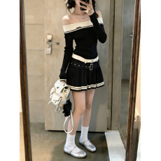 批发实拍小香风精致<b class='q'>高端</b>新款撞色绝美显瘦收腰一字肩针织长袖<b class='q'>连衣裙</b>