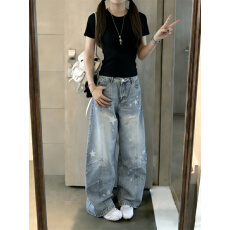 批发实拍美式复古解构拼接星星印花牛仔<b class='q'>裤</b>女<b class='q'>宽松</b>显瘦阔腿拖地弯刀长<b class='q'>裤</b>