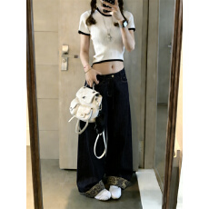 批发实拍黑色高腰豹纹翻边牛仔裤女春夏新款百搭a字版型<b class='q'>阔腿裤</b>