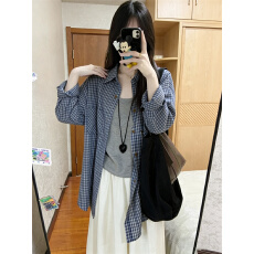 批发实拍格子衬衫<b class='q'>长袖</b>宽松慵懒美式复古新款格纹休闲衬衣上衣<b class='q'>开衫</b>外套