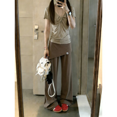 批发实拍韩系纯欲<b class='q'>气质</b>扭结V领短袖T恤女＋修身高弹屁帘休闲<b class='q'>裤</b>宽松