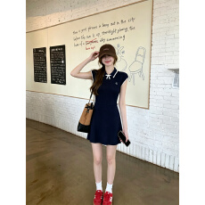 实拍赵露思同款蝴蝶结针织短袖连衣裙女夏季学院风甜美修身短裙