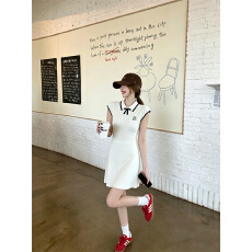 实拍赵露思同款蝴蝶结针织短袖连衣裙女夏季学院风甜美修身短裙