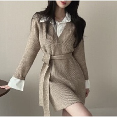 批发韩国chic高级感<b class='q'>假两件</b>绑带收腰<b class='q'>衬衫</b>polo领拼接针织连衣裙