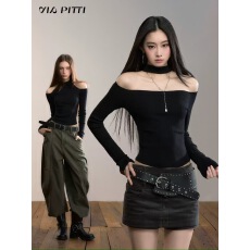 批发VIAPITTI设计感正反两穿小<b class='q'>高领</b>露肩毛织打底T恤女装秋冬修身上衣