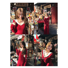 批发法式温柔优雅千金风气质撞色V领修身显瘦<b class='q'>长袖</b>针织连衣<b class='q'>裙</b>赫本风