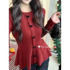 批发已出货2025秋冬新款圆领蝴蝶结收腰打底针织衫女大码减龄显瘦上衣