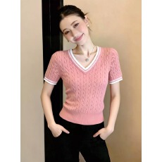 批发昨日浪漫 复古撞色V领麻花短袖T恤女夏季<b class='q'>针织衫</b><b class='q'>短款</b>上衣