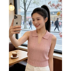 批发韩风麻花纹翻领无袖背心针织衫夏季新款时髦T恤外穿百搭上衣