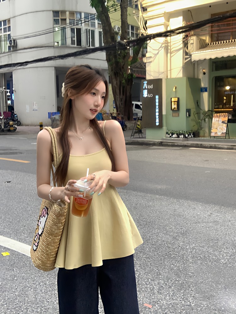 우 77 달콤한 매운맛 바람 단색 민소매 캐미솔 디자인 센스 다용도 슬림해 보이는 휴가 바람 작은 키 맨위 여름