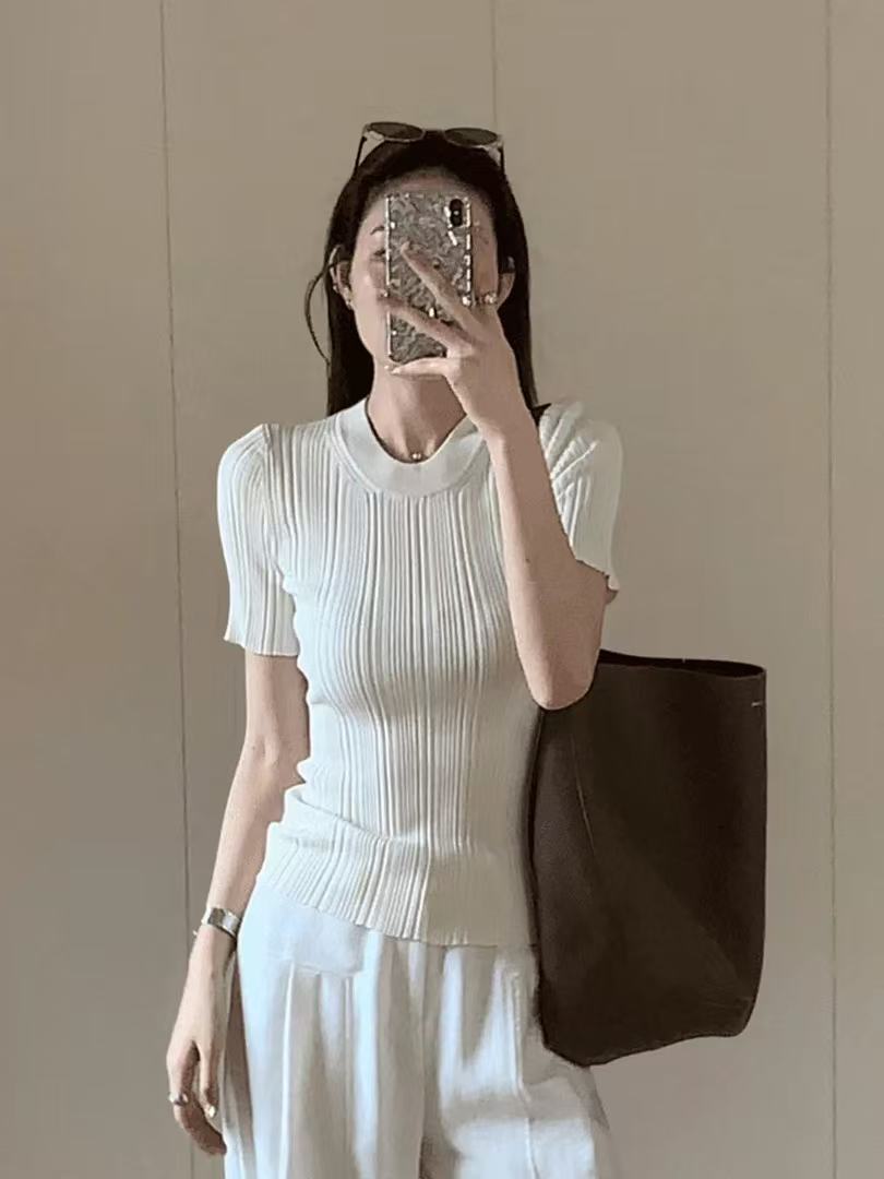 있음 도착 패션 라운드 넥 구덩이 기사 반팔 티셔츠 여성 한국 스타일 순수한 욕망 바람 몸매 가꾸기 슬림해 보이는 다용도 맨위