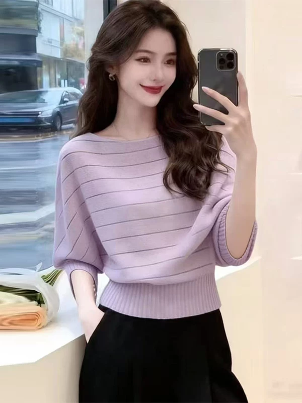 프랑스식 비스듬한 어깨 디자인 센스 조개 곡물 배트윙 소매 니트 스웨터 여성 봄 여름 루즈핏 느긋한 바람 맨위 트렌디