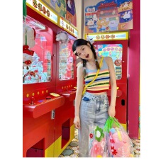 批发已出货夏装新款小清新彩虹条纹露背交叉吊带背心<b class='q'>上衣</b>