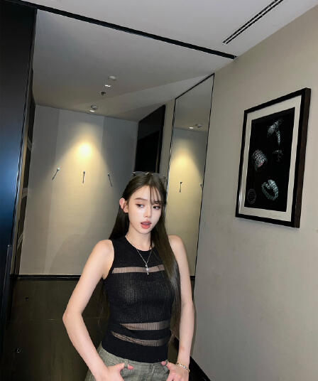 지구 Ouyang 부드러운 빛 판금 보존 섹션 엷 은 안개 마이크로 ~을 통해 빛 럭셔리 질감 좋은 플래시 니트 분할 홀로우 아웃 조끼
