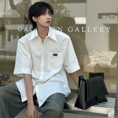 批发垫肩短袖白色衬衫男高级感古巴领制服性张力穿搭7七分袖衬衣<b class='q'>夏</b>