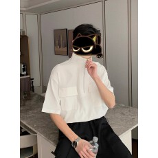 批发<b class='q'>夏</b>季半拉链衬衫男生垂坠感小众短袖T恤衬衣潮牌可高领上衣Polo衫