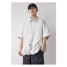 批发复古简约竖条纹短袖衬衫男<b class='q'>夏</b>季潮牌ins百搭休闲宽松抽绳衬衣外套