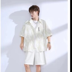 批发日系潮牌简约工装短袖衬衫男<b class='q'>夏</b>季薄款宽松五分袖情侣百搭休闲衬衣