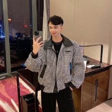 批发美式复古短款小香风外套男春秋潮牌高级感痞帅小众千鸟格拼皮<b class='q'>夹克</b>