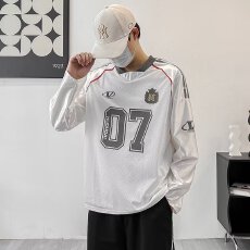 批发美式早<b class='q'>秋</b>长袖套头V领卫衣男女橄榄球球衣网面印花设计感宽松上衣
