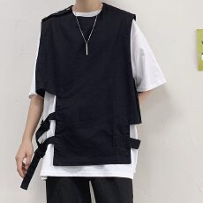 批发潮牌<b class='q'>夏</b>装工装假两件t恤男宽松发型师潮装穿搭不规则拼接嘻哈短袖