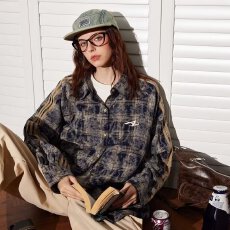 批发设计感刺绣扎染格子<b class='q'>衬衫</b>男女春秋季美式休闲工装复古<b class='q'>情侣</b><b class='q'>长袖</b>外套
