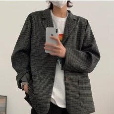 批发高级感帅气格纹<b class='q'>西装外套</b><b class='q'>男</b>款春秋潮小众设计感休闲格子西服