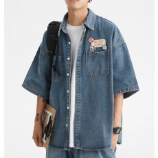 批发男装牛仔衬衫<b class='q'>夏</b>季短袖潮牌痞帅宽松慵懒风情侣半袖寸外套美式复古